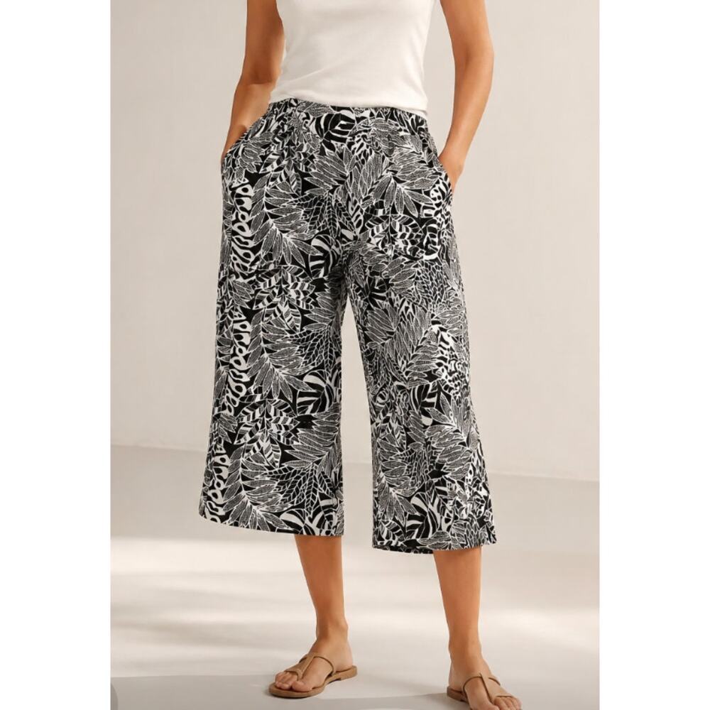 Panama Jack Tropical Print Cropped Wide Leg Linen Pants Pull On Resort Medium